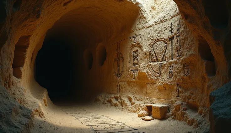 Symbols carved on the wall of a cave containing strange phrases and codes 