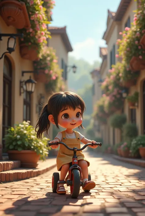 A girl with a tricycle at her side, sitting on the street of her town waiting for a friend 