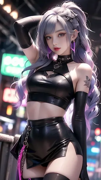 Best Quality,High resolution、High resolution、( masterpiece),Silver Hair、Purple mesh hair、ゴシックpunkの衣装、look up, Upper body hair bundle,White skin,(realism:1.5、Realistic、Realistic、RAW Photos)、black、nice、wonderful、beautiful、Earrings、amount、Goth icskirt、Goth_pu...