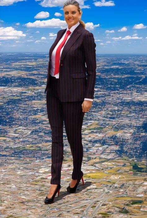 Giantess art, giga giantess in distance walking on through city, multiple women with beautiful curves, massive thighs, blonde hair, lipstick, wearing a perfect form-fitting loght grey pinstripe trouser suit and blazer, crisp white shirt, and a large blade ...