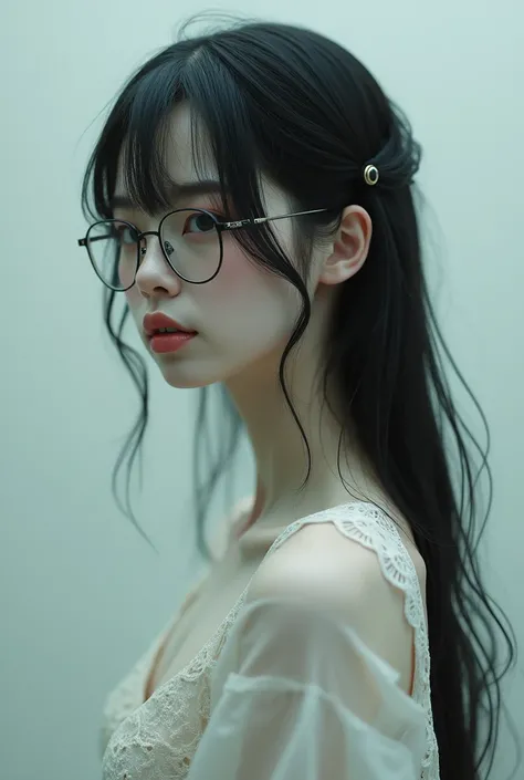 thin girl, Of lenses, long black hair,  white skin, Looking straight ahead, full body 