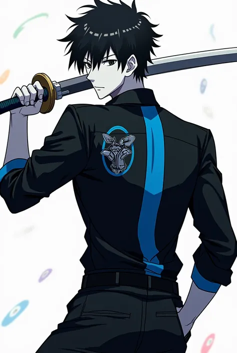 a man,black blouse,with a blue stripe in the middle of the blouse,black motorcycle drawing in the middle of the blouse,black pants,white skin color,black hair color, sword in hand, anime art style