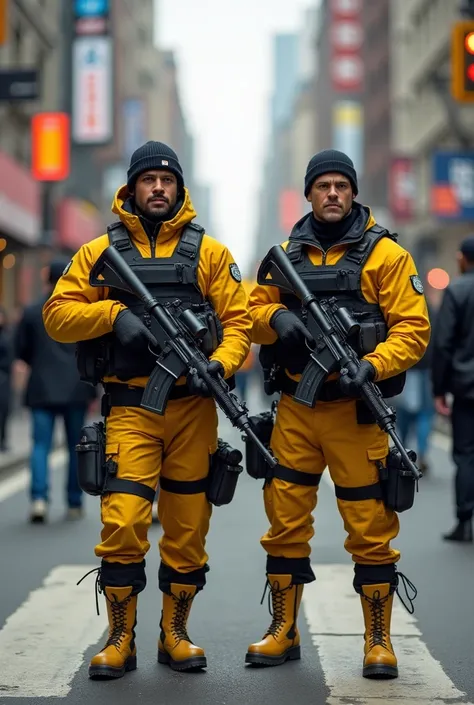 police man with dark mustard yellow pants, Black Shirt, mustard boots, with tactical vest, holding a machine gun on a busy city street. with his partner wearing the same clothes and tactical equipment.