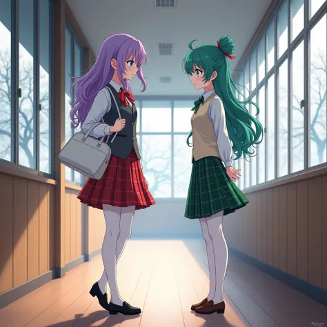 Two women, 2 anime style, stops one in front of the other, in the hallway, third floor, white school in Tokyo with wooden floor, Through the windows you can see the tops of the trees covered in snow during the afternoon, The first girl is 171 cm tall, Its ...