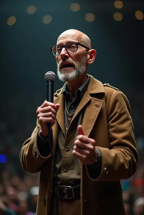 Draw a bald speaker, thin, with glasses, on a stage, holding the microphone in a different way dressed in rustic clothes and an overcoat. seen from the front