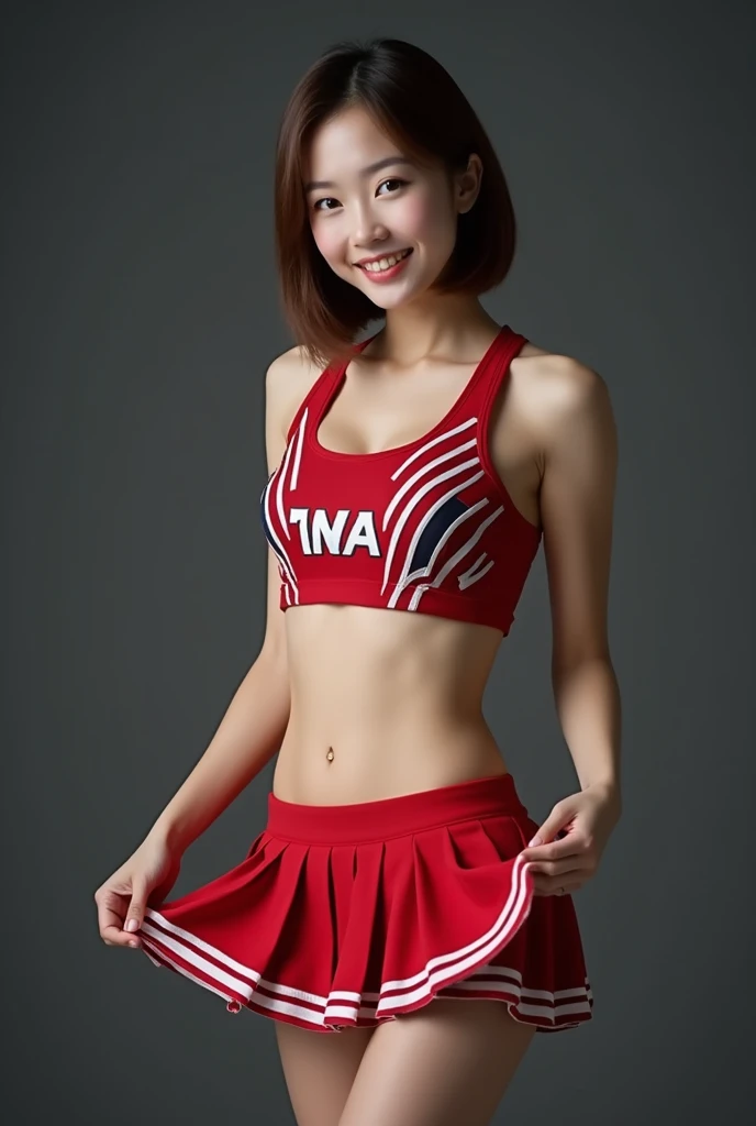 (masterpiece:1.2,8k, RAW photos super high quality), Absurd, (Realistic:2), High resolution raw color photos,Shiny skin, Professional photography,((Best Quality))、Age 30,Good figure,Thai Cheerleader,((Pleated skirt))、 Cheerleader Uniform、((Panty Peek))、((M...