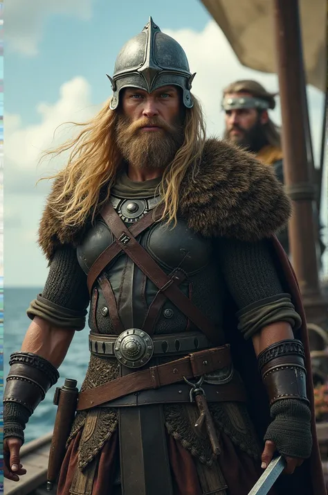 A young Viking warrior, with long blond hair, with a helmet covering the upper half of his face, and a sword pointing upwards, on top of a Viking ship, E no fundo, a thin king, with brown hair and beard