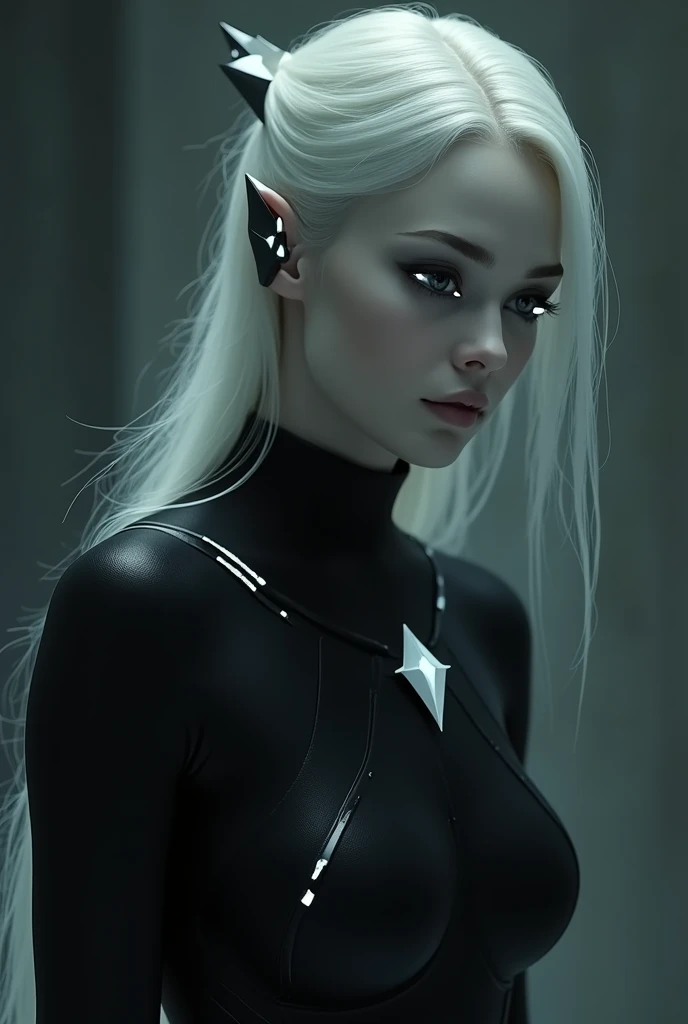 a beautiful detailed girl with white skin, star-shaped hair, wearing a black bodysuit with sleeves, a white diamond on her clothes, black eyes with black sclera and diamond-shaped pupils, not human, , (best quality,4k,8k,highres,masterpiece:1.2),ultra-deta...