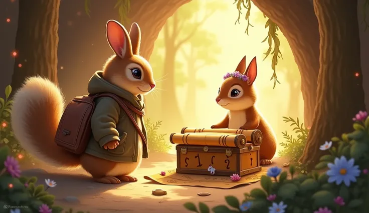 A rabbit wearing a coat and carrying a bag and with him is a female squirrel with shiny golden fur and wearing a crown of flowers on her head inside a cave with golden light and in front of them is a treasure and on top of the treasure are scrolls with a s...