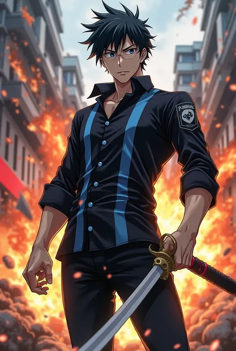 a man,black blouse,with a blue stripe in the middle of the blouse,black motorcycle drawing in the middle of the blouse,black pants,white skin color,black hair color, sword in hand, fight full of explosions, anime art style