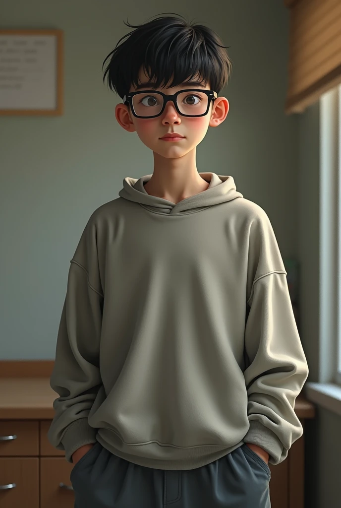 A tall teenager with glasses, thin and always wears sweatshirts that looks real 