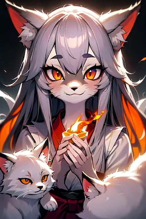 ((furry))、[[woman]]、Mature woman、Mysterious、fox、Beautiful face、((Long muzzle))、Fox Nose、Fox Face、Mysterious look、Slit eyes、Narrow eyes、Small eyes、Long eyelashes、Mysterious expression、silver straight hair、Fox skin color、fox hairy hand、Shrine maiden costume、...