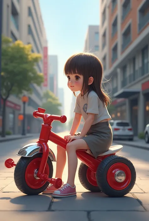 A girl with a tricycle at her side, sitting on the street 