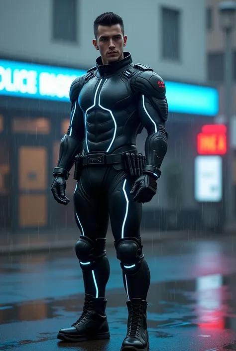 (absurdres, highres, extremely detailed, Ultra High Definition, masterpiece, hotness overload, sexiest, tall, lean, handsome young man, 20 years old, k-pop face:1.5), The Cyber-Enforcer: A tall, muscular man stands on a rain-slicked street in front of a fu...