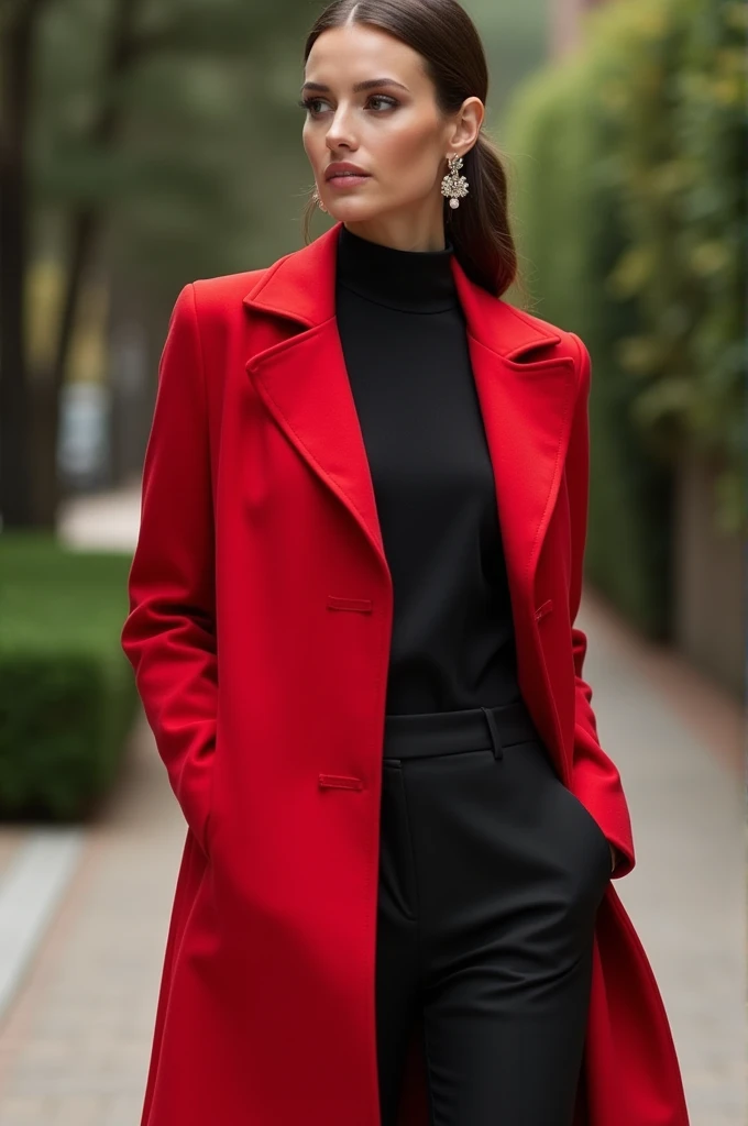 Casual weding wear red dress cout, black highneck, and black pant 
