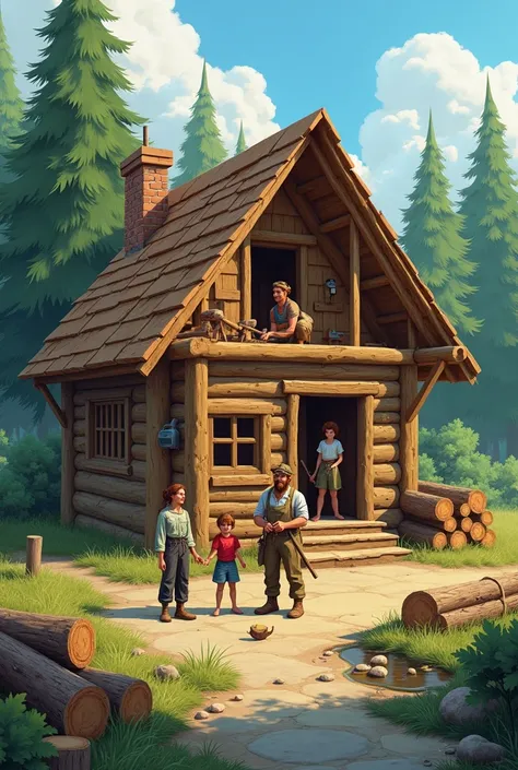 un homme qui construit une maison en bois avec sa famille 