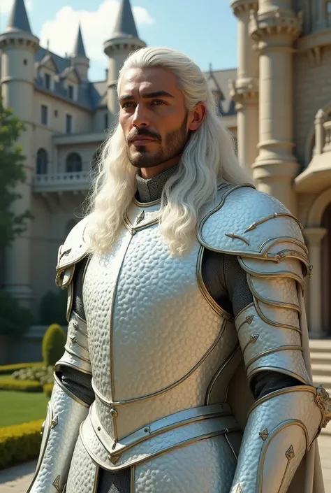 Handsome Targaryen prince with long wavy silver hair, wearing white armor with pearly dragon scales. He is in the courtyard of a castle. 