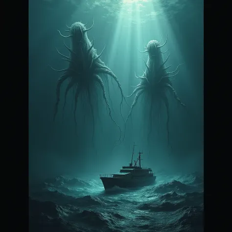 Aliens at the bottom of the sea appearing and sinking a boat 