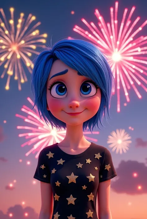 Black shirt with gold stars, fireworks and the character “joy” from the movie “inside out” 