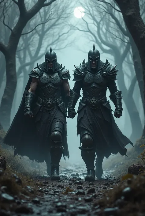 Two warriors walking in epic form in the darkness 