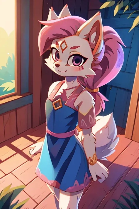 kimiko, furry female anthro, white body fur, Pink hair, 1 tail, solo, (best quality), anime style, short ponytail, blue dress, looks at viewer, detailed background, best quality, ultra detail, good lighting, solo, high quality, masterpiece, detailed body f...