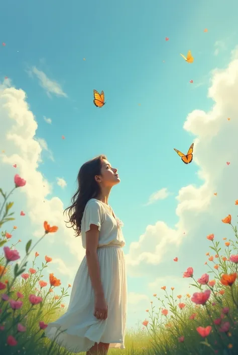 Christian girl looking at the sky, May it be a regularly joyful and peaceful image, that the girl does not take up much space in the image, Put hearts and butterflies on it but more real