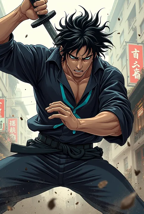 a man,black blouse,with a blue stripe in the middle of the blouse,black motorcycle drawing in the middle of the blouse,black pants,white skin color,black hair color, sword in hand, grappling, manga art style