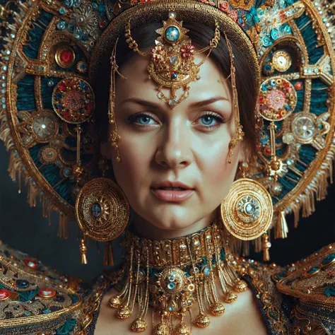 photostyle, ultrarealism, very beautiful woman with a harmonious face winking with her left eye in an ethnic alien fantastic bright outfit with golden elements in necklaces and fantastic kokoshnik, the camera very slowly moves away from the girls face keep...