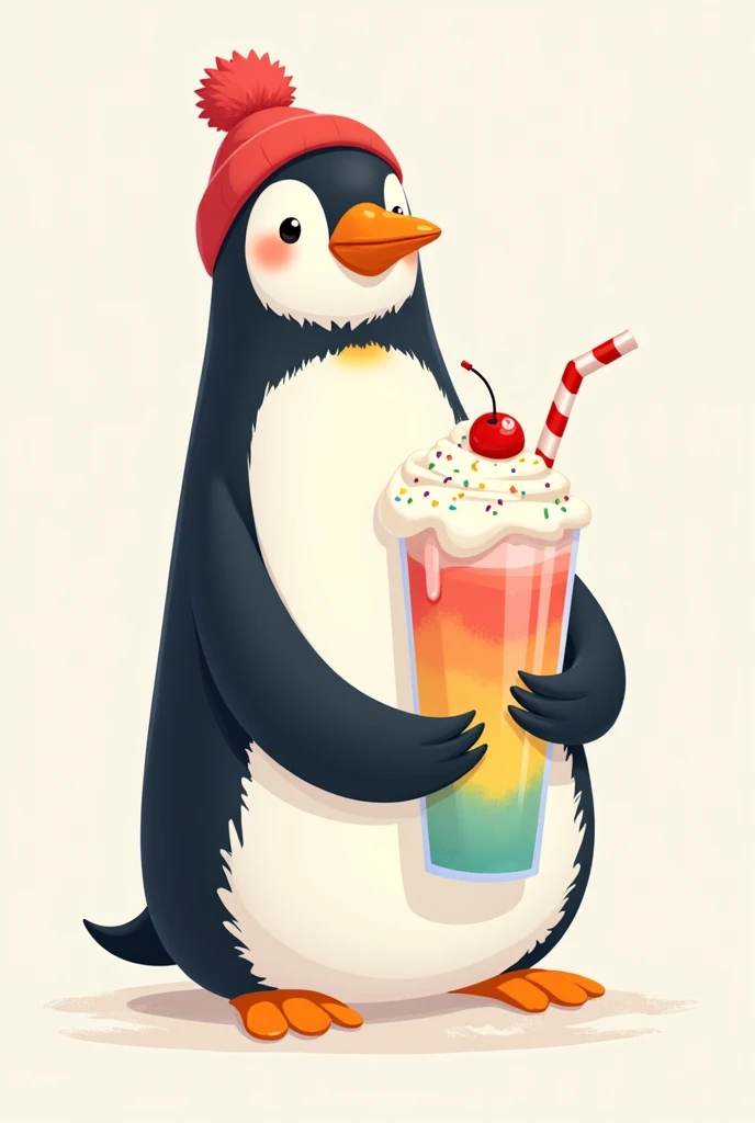 2d drawing of a penguin holding a milkshake with a red hat