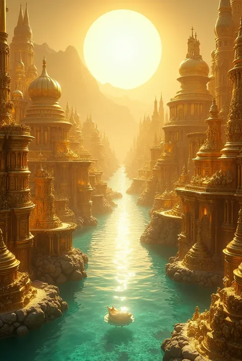 Make a city made of gold and one passes through the middle of the city this river is translucent like crystal and make a round white light coming from the end of it like a sun make a city