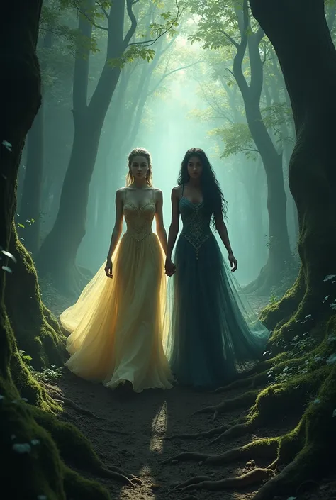 Two princesses of different skins walking in a dark forest 