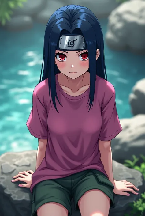 girl hair color blackish blue (like Hinata HIYUGA&#39;s) très bonne qualité de limage et des couleurs, blood red colored eyes (attirants). Elle porte  un T-shirt couleur rose violacé et un pantalon court couleur vert style militaire. Protection métallique ...