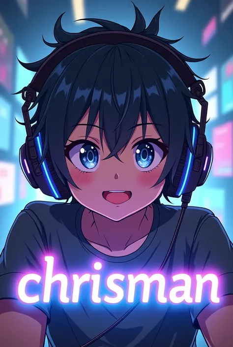 Streamer boy with big headphones on, anime version, and in front of him the word chrisman