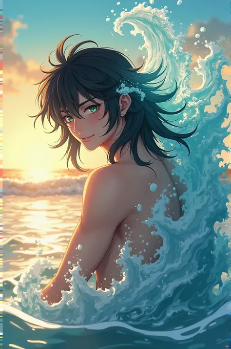 Semi realistic Anime style ai art of a boy with a long mullet with the tips transform into an ocean or a waterfall with summer vibes and beach aesthetic and make him look a bit stronger and 1