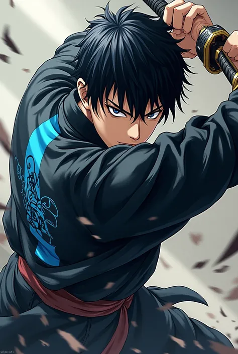 a man,black blouse,with a blue stripe in the middle of the blouse,black motorcycle drawing in the middle of the blouse,black pants,white skin color,black hair color, sword in hand, grappling, anime art style, camera turned sideways