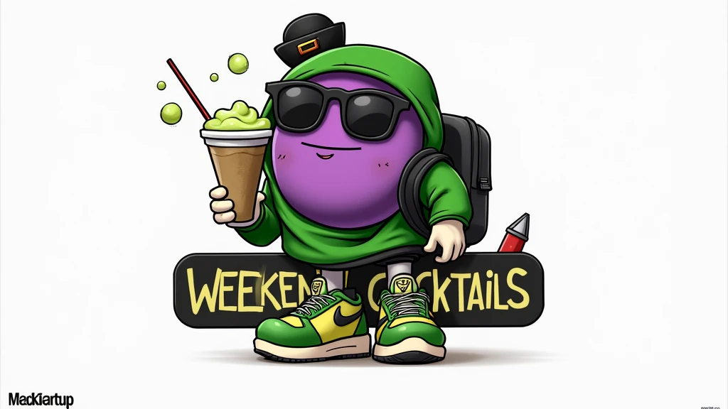 Bob-omb with hood bag, with dark sunglasses, with green Nike tennis shoes, Drinking a slush cocktail in a white styrofoam cup, with the name of the establishment called WEEKEND cocktails