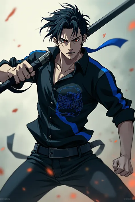 a man,black blouse,with a blue stripe in the middle of the blouse,black motorcycle drawing in the middle of the blouse,black pants,white skin color,black hair color, sword in hand, struggle, anime art style, camera turned sideways