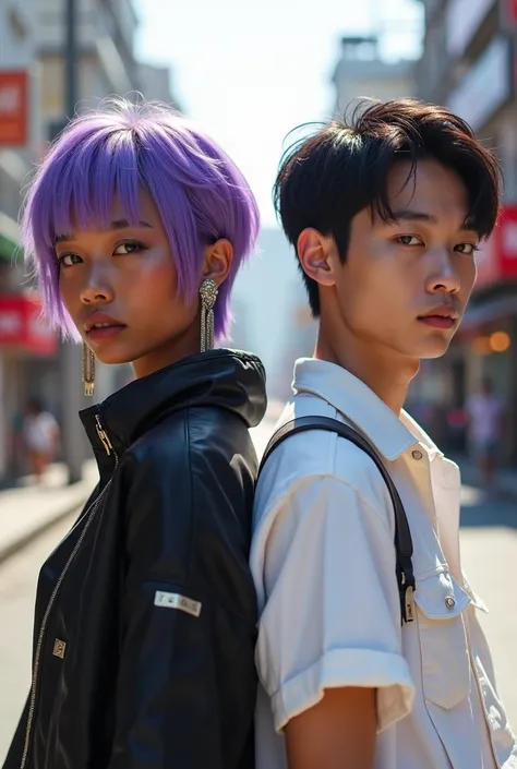 two beautiful teenagers. both beautiful as k-pop singers. calm eyes. side by side. back to back. magazine cover. looking at the camera. she is a brazilian with dark skin wearing a shirt from the future (black jacket). short purple hairstyle. jeans. he is a...