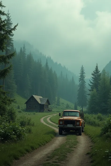 a lush green countryside landscape, a rustic wooden cabin nestled in a dense forest, a pickup truck on a winding dirt road, dramatic cloudy sky with a moody, hazy atmosphere, (best quality,4k,8k,highres,masterpiece:1.2),ultra-detailed,(realistic,photoreali...