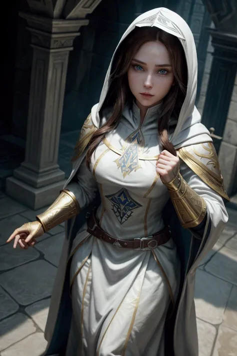 A full body photo of Princess Zelda., brown hair, Blue eyes, dressed like an Assassins Creed assassin, in white+Gold with white mask and hood with gold details., XL Bust, using a wrist blade. background: A city during the Renaissance. Unreal Engine 5, anim...