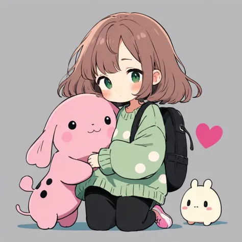 Hayao Miyazaki colorful style, Simple Line Initialism，Abstract art，Kawaii Design, The most beautiful girl of all time、chibi, hug, (((Cute pillbugs))), colorful hearts, summer version. Teenage female, brown hair, green eyes, with freckles on his face, Pale ...