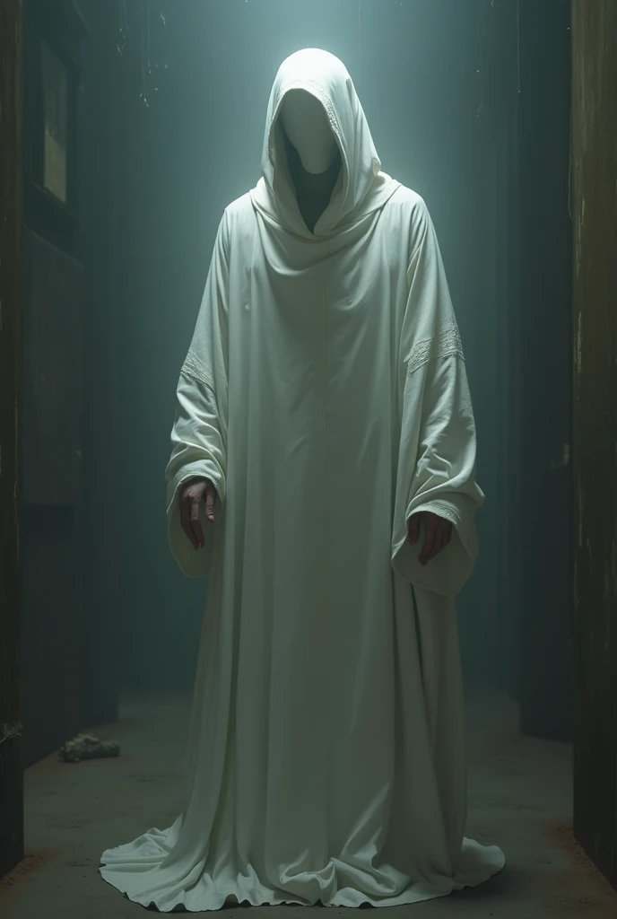 A detailed, highly realistic and photorealistic painting of SCP-1128, a sentient, intelligent, and memetic humanoid entity with a featureless white face, wearing a pale white robe, standing in an eerie, dimly lit and mysterious otherworldly environment, wi...