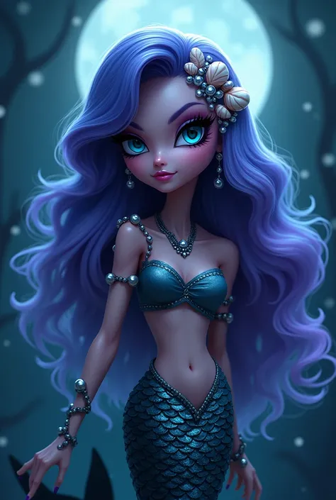 Create a female character for me. 

Art style:  Monster High. 

Species: Mermaid Appearance: Vespera has a unique beauty, with lilac-toned skin that glows softly in the moonlight. Your hair is long and wavy, in a gradient that goes from deep blue to purple...