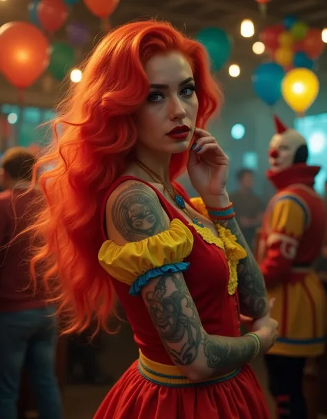 Flowing red wavy hair, vibrant red and yellow circus-themed outfit with blue accents, elaborate tattoos with clown motifs on arms, playful yet mysterious atmosphere in a circus setting with colorful balloons and clowns in the background, side view pose wit...