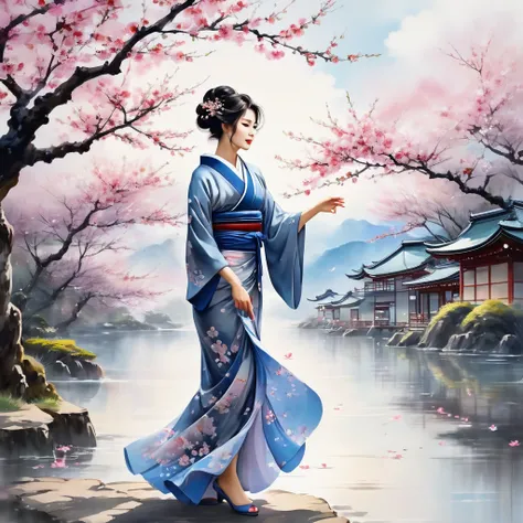 Ink painting style, nostalgic atmosphere, beautiful Japanese woman, bewitching, cherry blossoms dancing, gentleness enveloping, captivating painting ((masterpiece, high quality, highest quality, 8K))