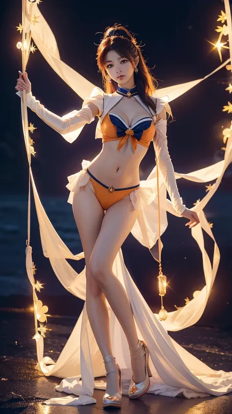 A beautiful Korean woman in a costume posing for a photo,orange long hairstyle with accessories,full body, big breasts, slim stomach, wide hips, perfect hourglass posture, perfect anatomy, perfect hands, perfect fingers, sailorvenus, a sexy, beautiful faci...