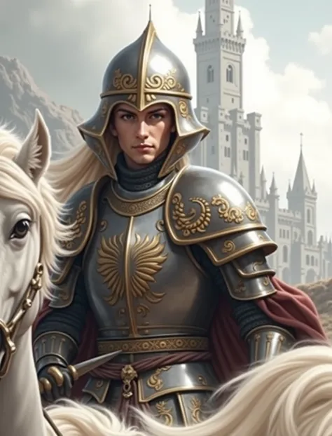 a medieval knight, heavily armored knight in shining steel armor, intricate golden embellishments, riding a white stallion, medieval castle in the background, detailed facial features, piercing gaze, determined expression, majestic pose, grand landscape, d...