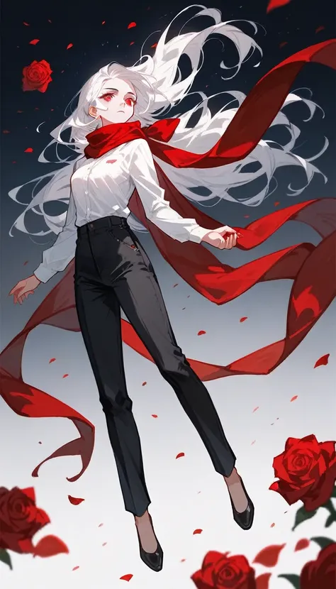 1 lady, solo, long white hair, red eyes, aristocrat, white shirt, black pants, red scarf, roses petals, fullbody, floating