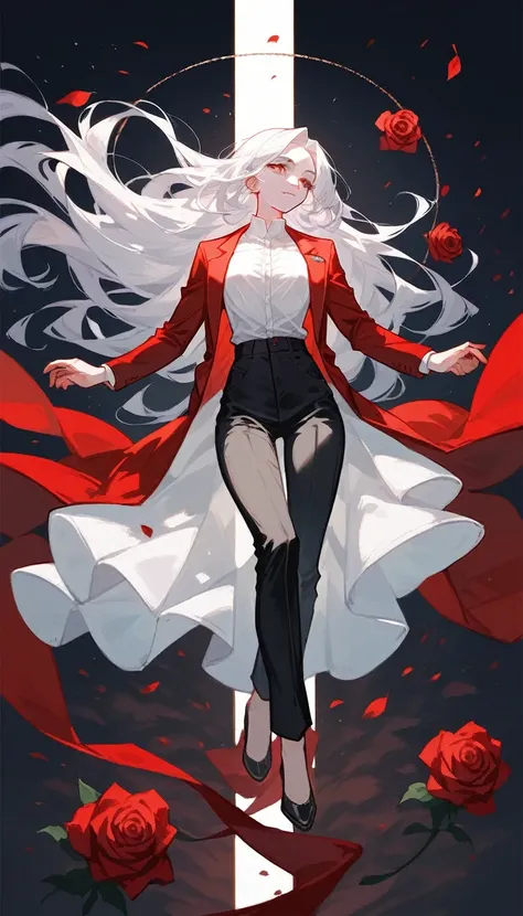 1 lady, solo, long white hair, red eyes, aristocrat, white shirt, black pants, red suit, roses petals, fullbody, floating