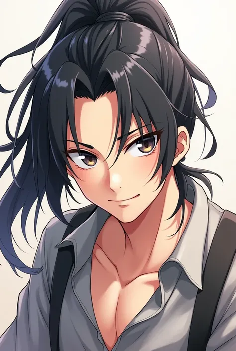 Anime Male Long black hair as ponytail smiling 